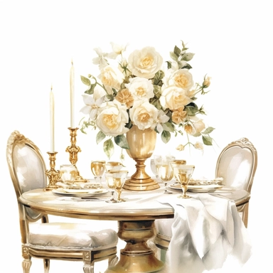 watercolor, white background, clipart, watercolor, white background, ultra-realistic and hyper-detailed clipart beautiful dining table with white roses, white and rich gold hues
