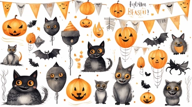 Halloween watercolor illustration set with different animals, text messages, streamers, Halloween symbols and shapes in black and orange color. Hand painted clipart on white background for design.