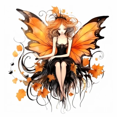 watercolor style Halloween fairy, clipart, large orange,wings, black white stripes, pumpkin, isolated on white background, in the style of Amy Brown, beautiful fall floral, bright color, crisp lines, chaos 8