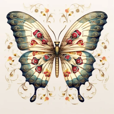 butterfly clipart, multi color with metallic gold overlays, Pixar style, vintage ivory background — tile