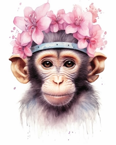 detailed watercolor Baby Monkey flowers on head , hyper realistic, isolated on a white background, clipart