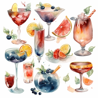 Create a collection of elegant watercolor cocktail clipart images, not overlapping, that capture the essence of classic cocktail culture. The medium should be watercolor illustrations. The style should be modern, yet classic, incorporating a soft color palette and fluid brushstrokes. Use a mix of close-ups and wide-angle shots to showcase each cocktail, paying special attention to the garnishes and unique features of each drink. Highlight popular cocktails such as the Old Fashioned, Martini, and