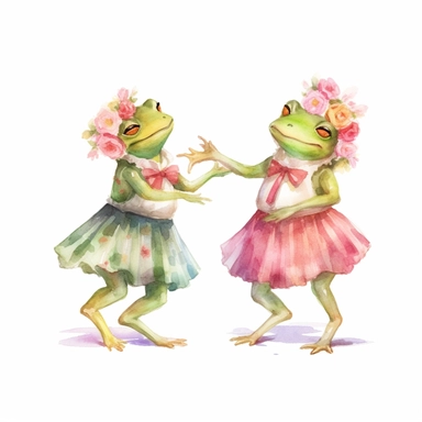 two cute frog designs dancing with flowers clipart, in the style of fairycore, surrealistic poses, animation, kawaii, green academia, beatrix potter, watercolor print, white background, watercolor paint, procreate watercolor drawing, Watercolor Sublimation design, realistic cartoon, realistic water based colors, clipart, transparent white background