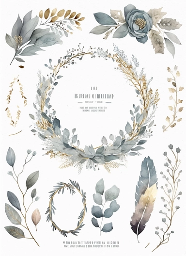 dreamy bohemian watercolor wreath clipart, dusty blue, VINTAGE VICTORIAN STYLE, fairy style, muted color, accent gold color, watercolor touch, A dusty blue floral card with gold accents, with elements of leaves, wildflowers, elegant, light, airy, fresh, classy, modern, minimalist design, no borders, the overall aesthetic exudes luxury and delight, no text or writing, includes blank space for text and writing, WHITE background, watercolor splashes, FOR CARD, hd, white background: