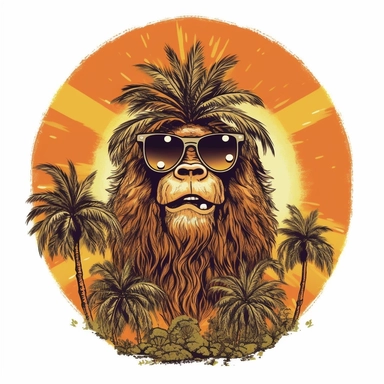 Cool sunset palmtree bigfoot wearing sunglasess, illustration, 16k, T - shirt design, T - shirt graphic, retro vintage style, circle. extremely detailed, clipart seperated on a white background, incredibly high detail