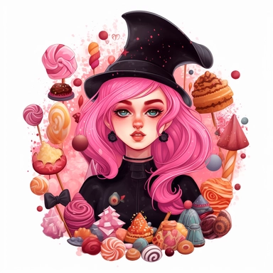 A colourful pink-black-red candy magician with pink hair standing with her profile. in a gothic stylish fantasy style, depicted in a clipart image on a white background. She has a clean cmiling exciting charismatic face. The candy-magician is placed in the center of the image and surrounded by mystical candies, cookies, muffins and magical elements, such as potions, and enchanted crystals in a candy style. The image is created with watercolors, giving it a whimsical and mystical feel. character 