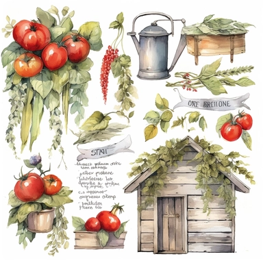 esign a vintage - style, watercolor garland or wreath for the 'Farmer's Kitchen' mystery box label, featuring tomatoes, basil, poppies, and other items from the box, as well as a couple of themed clipart elements for decoration. The garland or wreath should have a soft, romantic aesthetic and be hand - drawn in a watercolor style. The colors should be muted and natural, with pops of bright red and orange for the tomatoes and poppies. The overall design should be whimsical and charming, with a to