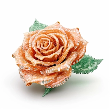 clipart of a realistic rendering of a peach rose made out of pure diamond and emerald on a white background, in the style of extremely detailed, mineral, expensive, 8k