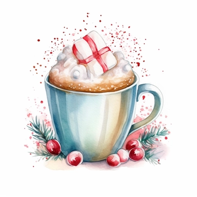 christmas themed coffee mug with foam and white marshmallows on the top, watercolor clipart, attention to detail