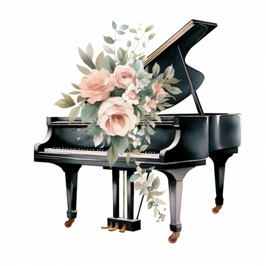 baby grand piano floral clipart, watercolor style, white background