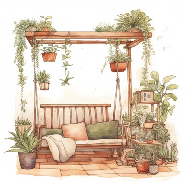 watercolor, hyper realistic, white background, white margins, 16k, ultra detailed clipart, cut out image, hand-drawn, whimsical manhwa style ultra HD A cozy terrace with a wooden swing, adorned with soft cushions and a warm blanket in shades of beige and brown. A variety of potted plants in muted shades of green and purple surround the area.