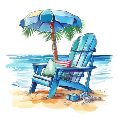 Cute Beautiful Beach Chair Tropical Watercolor Sublimation Clipart,Cartoon, hyper realistic, intricate detail, illustration style,high solution,on the white background