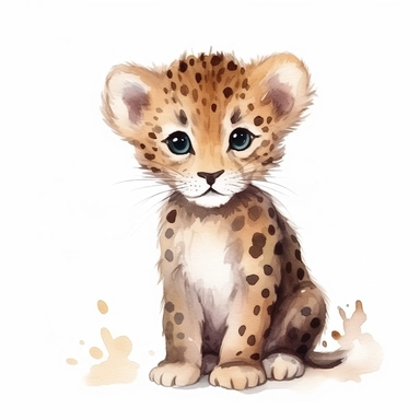 a graceful baby leopard with kind eyes clipart with watercolor illustration,full body shot,8k,etsy style, white background