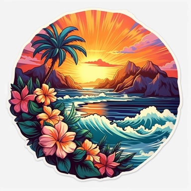 Maria Sibylla Merian style of a sticker, artwork of t shirt graphic of majestic palm tree in digital painting style , beautiful flowers, sunset mountains and clouds , big sea waves, water splashes, white background, colorful fantasy flower sorround, highly detailed clean, vector image, photorealistic masterpiece, professional photography, realistic, flat white background, isometric, vibrant vector, clipart, illustration, realism, 4k, cinematic, front view, white background