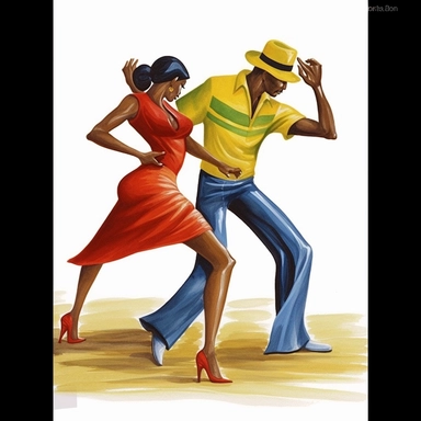 a black couple jazz dancing, dressed in red, green and yellow, the sugar shack Ernie Barnes art, juneteeth clipart, watercolor art, faceless, minimalist clipart, white background