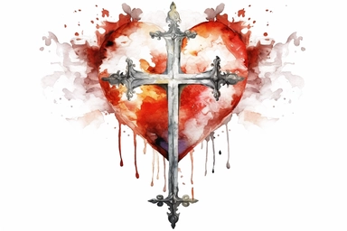big cross and heart watercolor, white background, clip art, artistic
