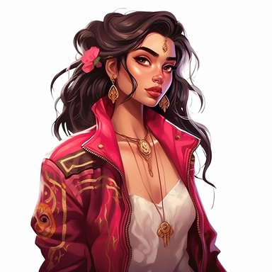 Disney princess Elena of Avalor, long brown ponytail rocker hairstyle, Arab skin colour, red leather jacket over a ripped pink dress, Gold jewellery, skulls, gothic style, rock style, clipart, white background, by Kawacy