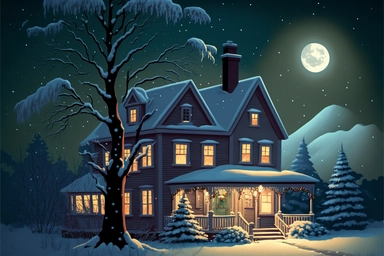 Stunning Vector clip art Christmas scene. frosty winter evening. The Christmas scene is one of festive cheer, as a cozy house is adorned with twinkling Christmas lights and colorful decorations. A tall Christmas tree with ornaments, gifts, decorations stands proudly in the front yard, its branches glistening with snow. The house itself is a picture of holiday cheer. Its windows are adorned with wreaths and garlands, and a wisp of smoke curls from the chimney. The front door is painted a cheery r