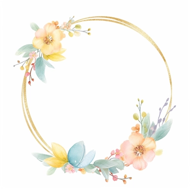 two thin golden circles make a round frame, two slim golden circles round frame, some pastel pink yellow blue flowers at the bottom, pastel easter flowers arrangement, wreath clipart, symmetrical, easter flowers arangement, simple watercolor illustration, watercolor with margin, bold line, editorial design, print design, Super - Resolution, Megapixel, Pro Photo RGB, VR, outside, 8K, super detailed, HDR, 8k. white background