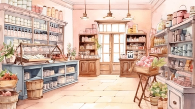 watercolour illustration, light pastel pale pink background, Grocery shop interior color graphic sketch illustration vector clipart, sublimation graphics, by Beatrix Potter, watercolour clipart, unique design, print on demand image, transparent PNG background, white background, 8k
