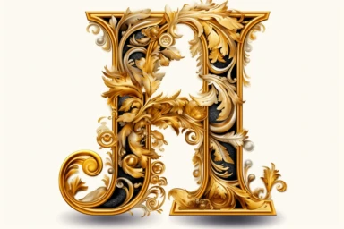 clipart white background Letter H gold ornated in the style of old books, Chapter beginning, baroque style, white background,