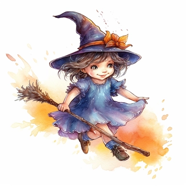 Little witch riding a broom, watercolor illustration high definition, cute character, Sublimation Clipart, hyper realistic, intricate detail, illustration style, isolated on white background for style by Lucy Fleming, watercolor, smooth gradients, black contour outline, ultra detailed, clipart elements, delicate pastel colors, solid white background, super clear, high quality