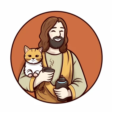 Jesus holding a cute cat and drinking coffee , clip art, coffee cup