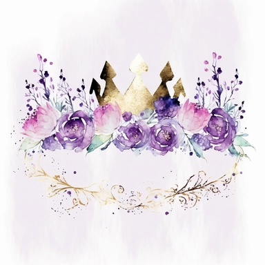 line of purple and lilac watercolor flowers with a simple clipart princess crown on top, watercolor gold, pink, purple, white background