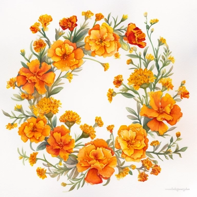 Watercolor Painting of beautiful multi - headed Marigold Wreath FLOWERS on white background DETAILED ILUSTRATION, Flora Design Patterns, Flemish Baroque by Rachel Ruysch, Behance, Rococo, Intricate Detailed, Soft Light Effect, Oil Paint Strokes, Light Academia Aesthetic Flowers, Lighting cinematic, all shown shimmering stamens, tyndall light, texture, colorful, 8k, fantasy, ray tracing, vivid, spectacular lighting, octane rendering, highly detailed, ultra - realistic, white background, clipart