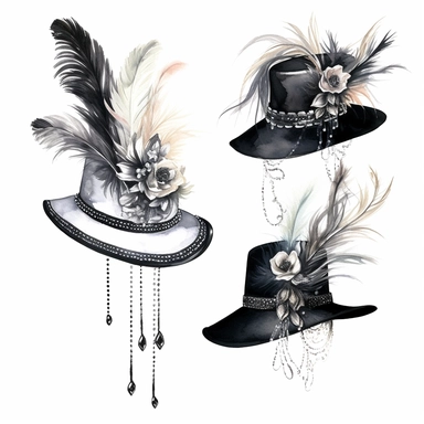 high detail watercolor clip art high fashion hats with feathers and pearls in black, on a white background