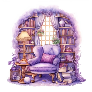 A fairytale style fairy reading corner with watercolor effect,suitable for digital clipart,fairy bookcase full of magical books,arched style magical window,reading lamp,white background,magical scene,fairy vibrant colors,pink,purple,lavender,soft details Clipart ,Cartoon,hyper realistic, intricate detail, illustration style,high solution,on the white background