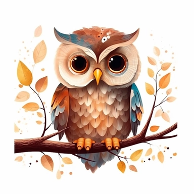 a beautiful cartoon owl sitting on branch, CLIPART, WHITE BACKGROUND, in the style of felicia simion, natural colors, brown, tan, earth tones, neutrals, natural owl colors, gradients, ian miller, #screenshotsaturday, pattern-based painting, bess hamiti