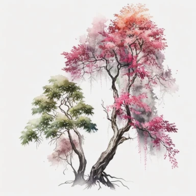 Watercolor, Japanese Maple Trees, old, long branches, Clipart, springtime japanese trees, forest, tall grass, pepples, white background