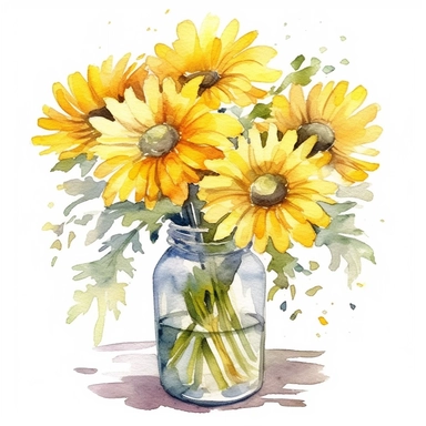 yellow daisy flower in vase clipart, watercolor