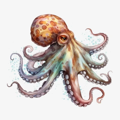 watercolor, Octopuses: Known for their unique appearance and remarkable intelligence, octopuses are fascinating to watch. png Full body realistic cartoon in 32K UHD cute. 15 cm thick outline. There was no shadow on the ground. 8k with realistic watercolor
