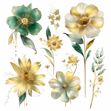 large gold and glass flowers with floral decorations, in the style of nature-inspired installations, delicate ink washes, emerald and golden, detailed miniatures, mosaics, organic texture, nature-inspired imagery, clipart set, white background