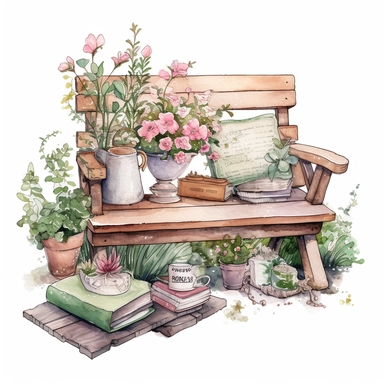 watercolor, hyper realistic, white background, white margins, 16k, ultra detailed clipart, cut out image, hand-drawn, whimsical, sticker style a peaceful garden corner with a wooden bench and a coffee table, a potted plant, and a stack of books. The color theme is pastel greens and pinks, with white flowers.
