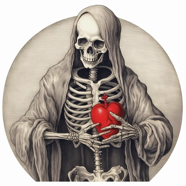a drawing of a skeleton holding a red human heart in his hand, 1880–1950, epic fantasy scenes, witchcore, in the style of 15th century, clipart, medievalist, biblical art, no background frame