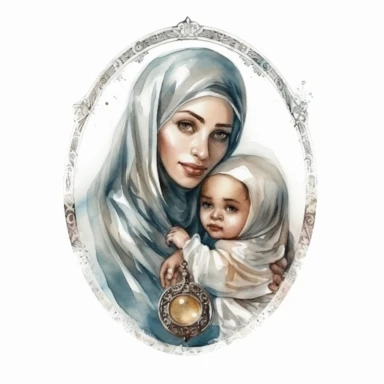 A portrait of a Muslim mother with her hijab carrying her child in her arms in a religious medallion watercolor clipart, realistic,high details, high quality