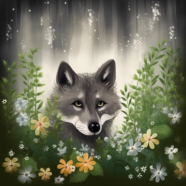 clipart - cute wolf in magical forest hiding from rain under brackens, gloom flowers, painting