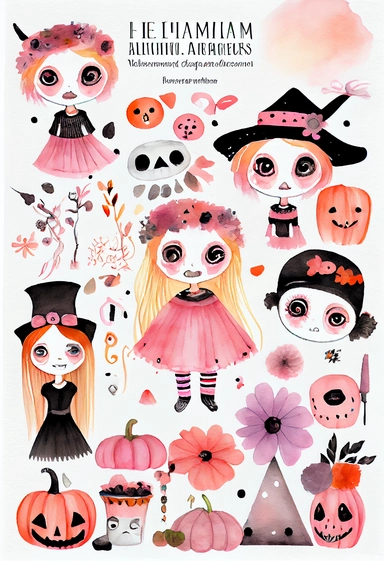a pretty boho fun art collection on a white background with margins, pink orange and black Halloween charactors, watercolor, clipart,