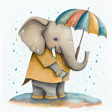 cute smiling elephant holding an umbrella in the rain, artistic and delicate whimsical children's book illustration, hand drawn doodle, clipart, pastel painting with vibrant warm colors, by Amanda Clark and eric carle, white background