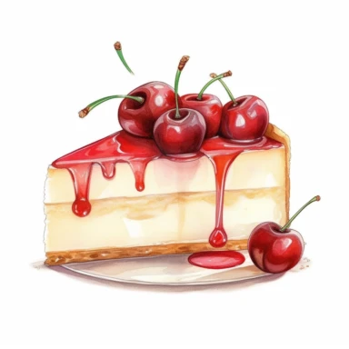 Give me a description for a highly detailed watercolor clipart full cheesecake with cherries on a white background. Limit to 100 words.