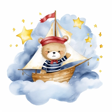 dreamy dark night sky clouds and a swarm of golden stars. a cute happy chibi plushie sailor bear in a blue and white striped shirt and a sailor hat and a small red bowtie, in a wooden sailboat with a white sail, sailing on fluffy clouds, not sea. prominent visible brush strokes, watercolour texture, watercolor clipart png on white background