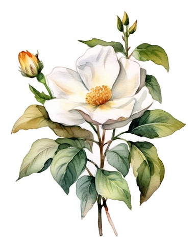 watercolor sketch of Tea Rose with white flower composition, clipart, clean and simple design, realistic color scheme, high-contrast image, white background,