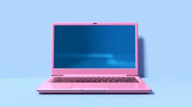 Pink laptop on blue background. Two clipping paths included