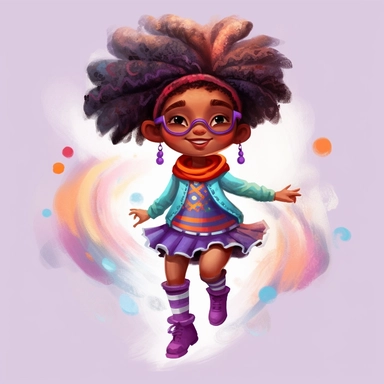 A joyful clipart portraying an African American girl with a charmingly textured hairstyle, adorned in fashionable and whimsical garments, set against a high-resolution and grey background, brought to life with the vibrant colors and free-flowing brushstrokes of a watercolor art style,