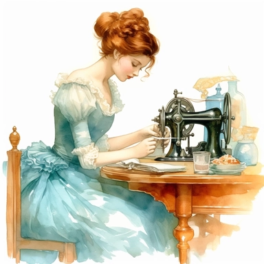 the victorian lady using a sewing machine clipart, in the style of victorian-inspired hyperrealistic watercolor illustrations, historical illustration, childlike illustration, stylish costume design, romantic illustrations, emotive colors, light cyan and bronze, cute and dreamy, realistic watercolors, realistic depictions of human form, white background