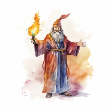 medieval bearded merlin magician casting a spell with bright energy around him watercolor clipart - no fonts no words no letters