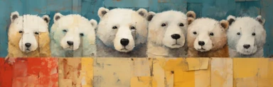 a row of cute miniature polar bear cubs, a collage of mixed media art made with tissue paper, magazine and newspaper clippings, oil paint, graphite pencil lines and fabric, in the style of playful surrealism, whimsical, washi tape